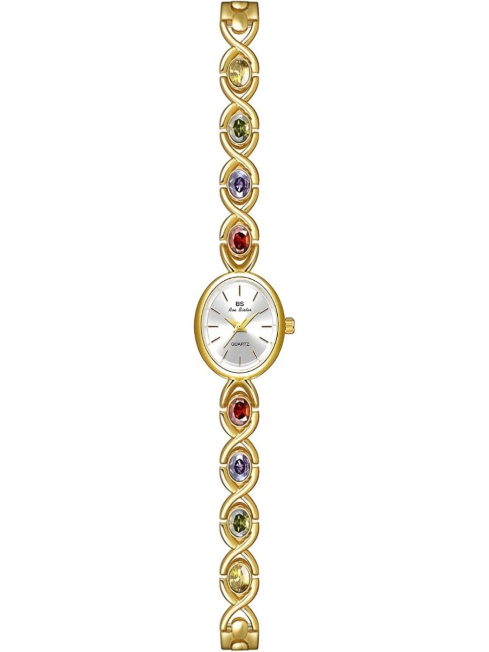 Luxury Vintage Gold Women's Watch with Colorful Jade Crystal & Silver Bangle
